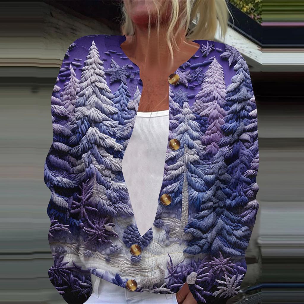 Women's Fashion Printed Long Sleeve Knitted Cardigan Button Down Jacket