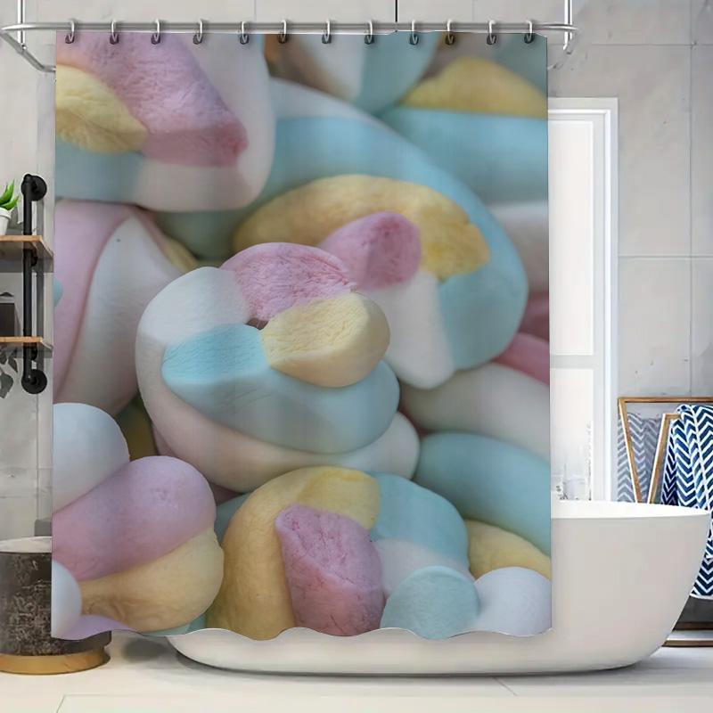 

Whimsical Marshmallow Print Shower Curtain Bathroom Decor For Kids, Blue Pink Yellow White Colors Set Available W60H190(CM)-1 Pcs