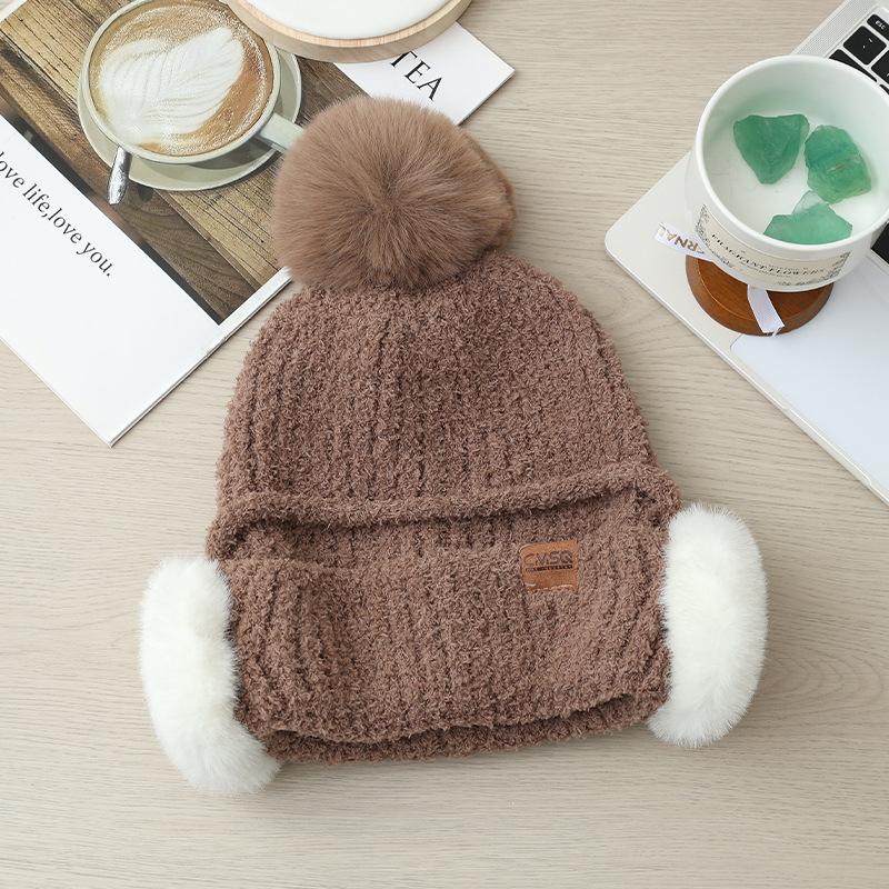 

Winter hat women s hairball ear protection warm knitted hat fleece thickened cold-proof versatile bag head crimped wool hat average size