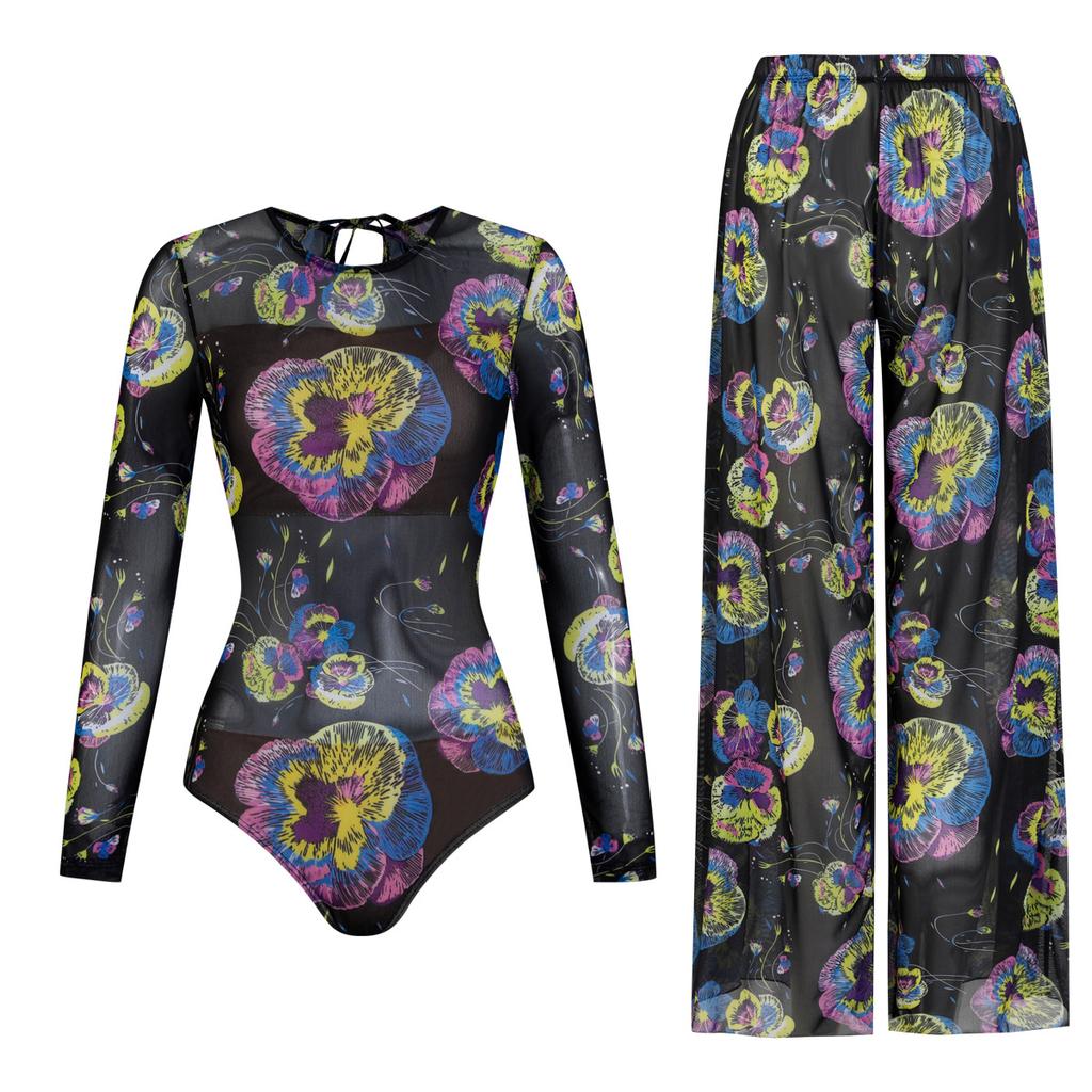 Costume da bagno con maniche lunghe e protezione solare da donna, alta elasticità, tessuto a rete ispessito, pantaloni larghi, costume da bagno europeo e americano, costume intero da fitness