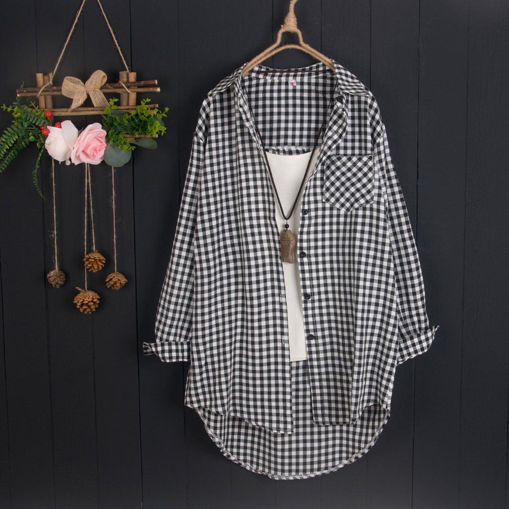 Plaid Shirt for Women Medium To Long Spring and Autumn Thin Jacket Loose Long Sleeved Shirt