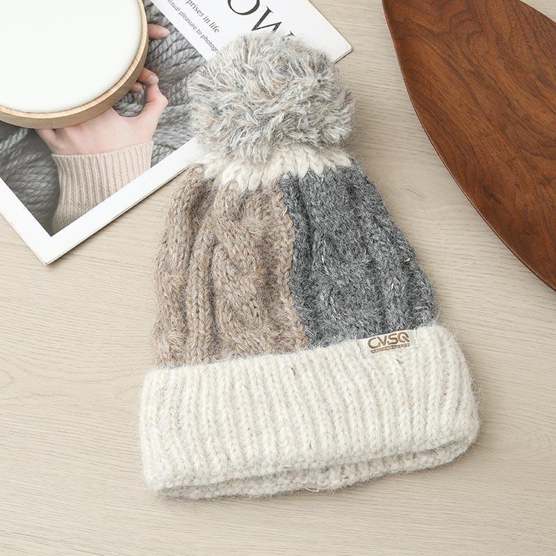 Thickened Warm Ear Protection Windproof Wool Hat Autumn and Winter Color Splicing Plaid Knitted Hat Women