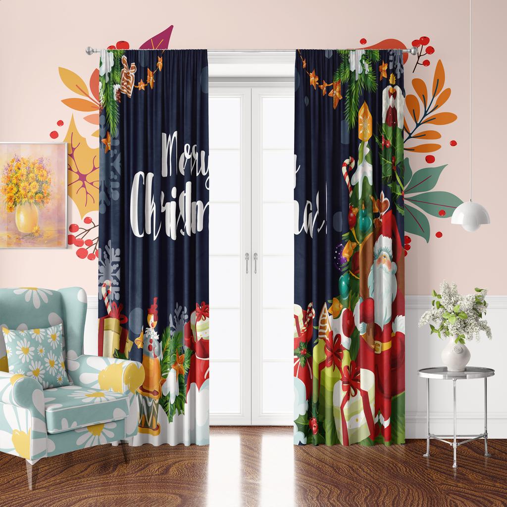 2 Stück - Winter Weihnachtsdekoration bedruckter Vorhang - Polyestermaterial - geeignet für Schlafzimmer, Wohnzimmer, Arbeitszimmer