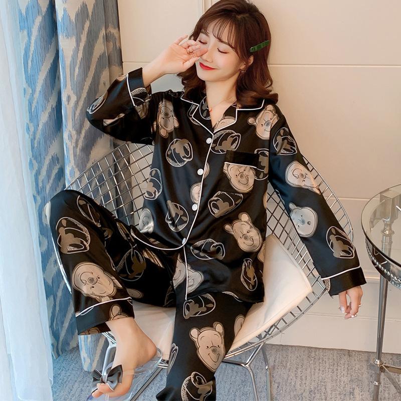 Pijama feminino de primavera e outono, manga comprida, fino, doce, verão, feminino, seda simulada, tamanho grande, conjunto de roupa de dormir solta