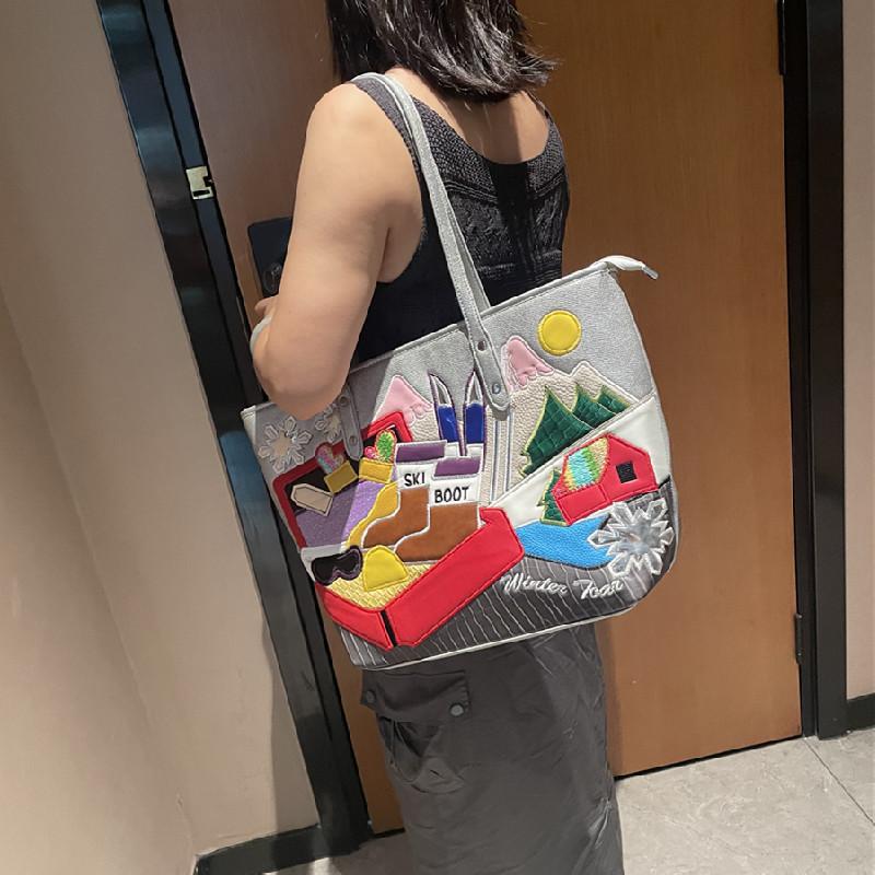 Women'S Shoulder Bag Splicing Embroidery Trendy Bag Versatile Large Capacity Tote Bag Shopping Bag