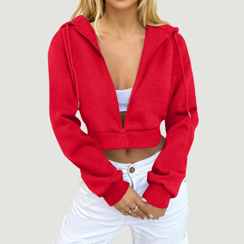 Women's Color Zipper Crop Hooded Jacket