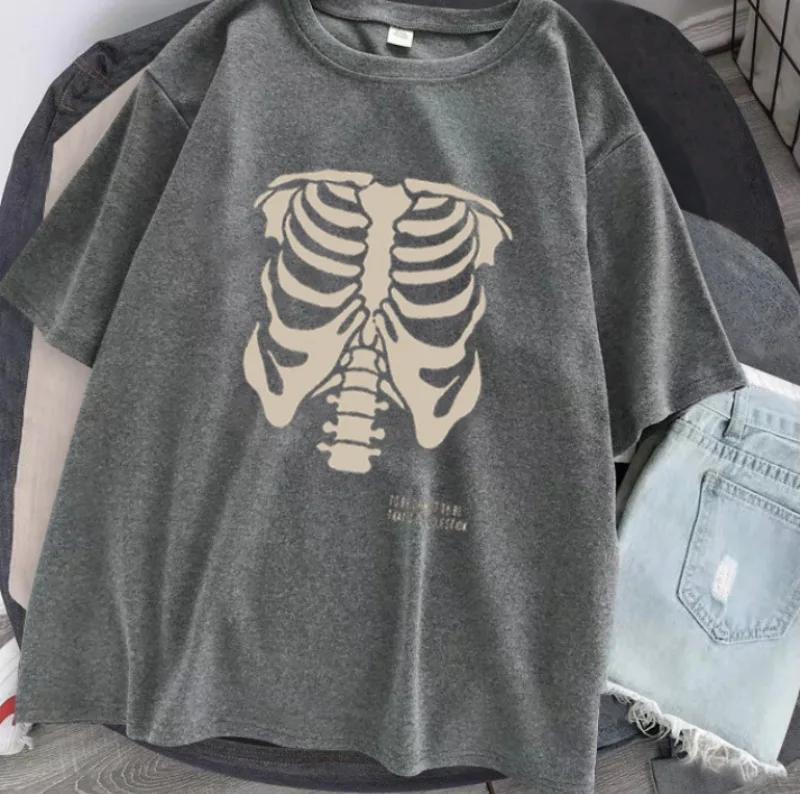 New Skull Printed Rib Jacket Version Loose Gothic Style Short Sleeve T-shirt Wholesale Women Tops Harajuku Fashion Summer