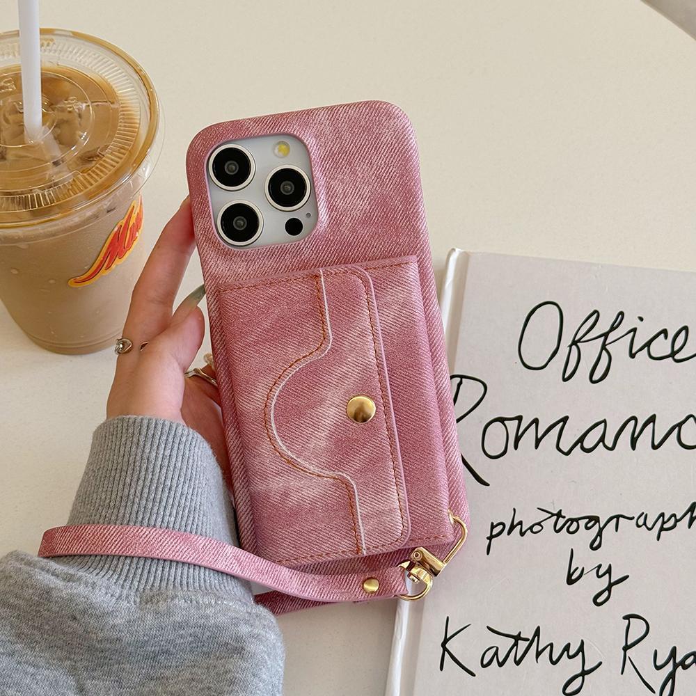 For iPhone 15 Pro Max Case Card Slots Mirror Design Jeans Cloth Texture PU Leather Back Cover with Strap