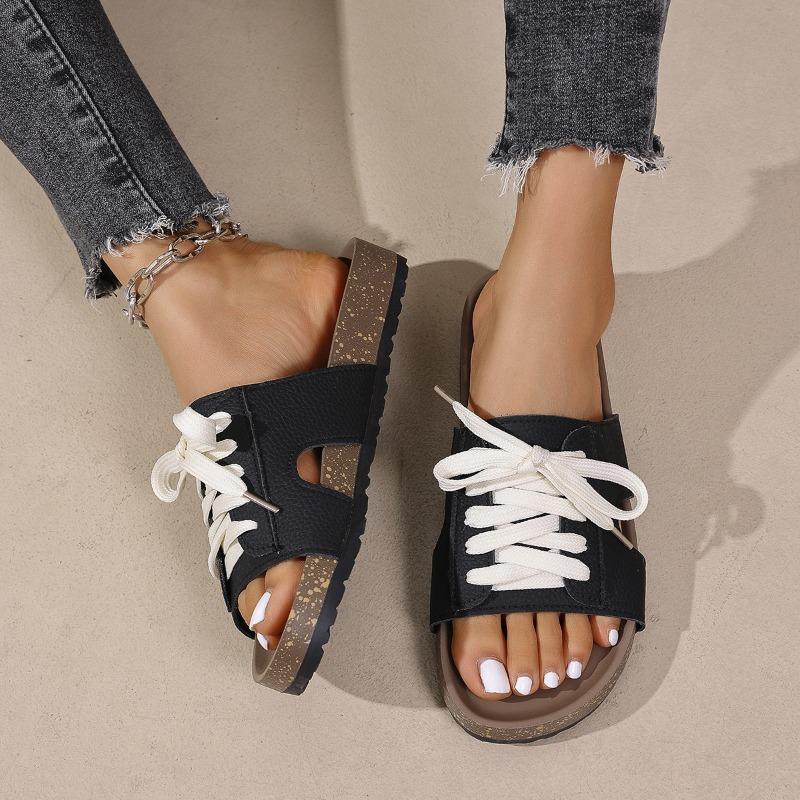 Large size woven one-word lace-up slippers women's new flat-heeled sandals platform beach shoes