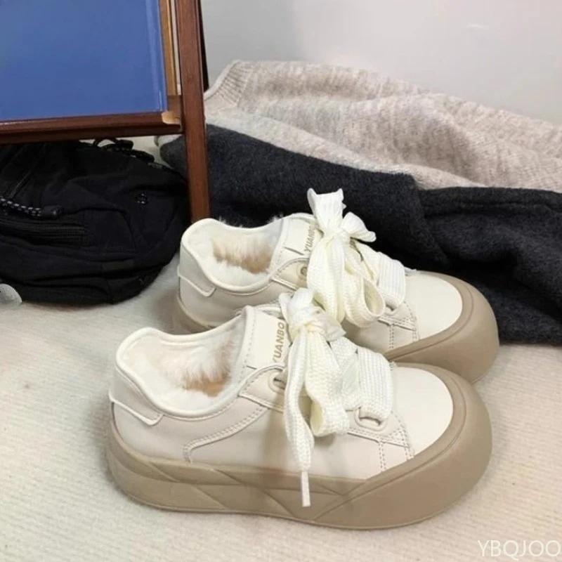 Thick soled high head bread shoes for winter female students providing warmth comfort simple comfortable white shoes