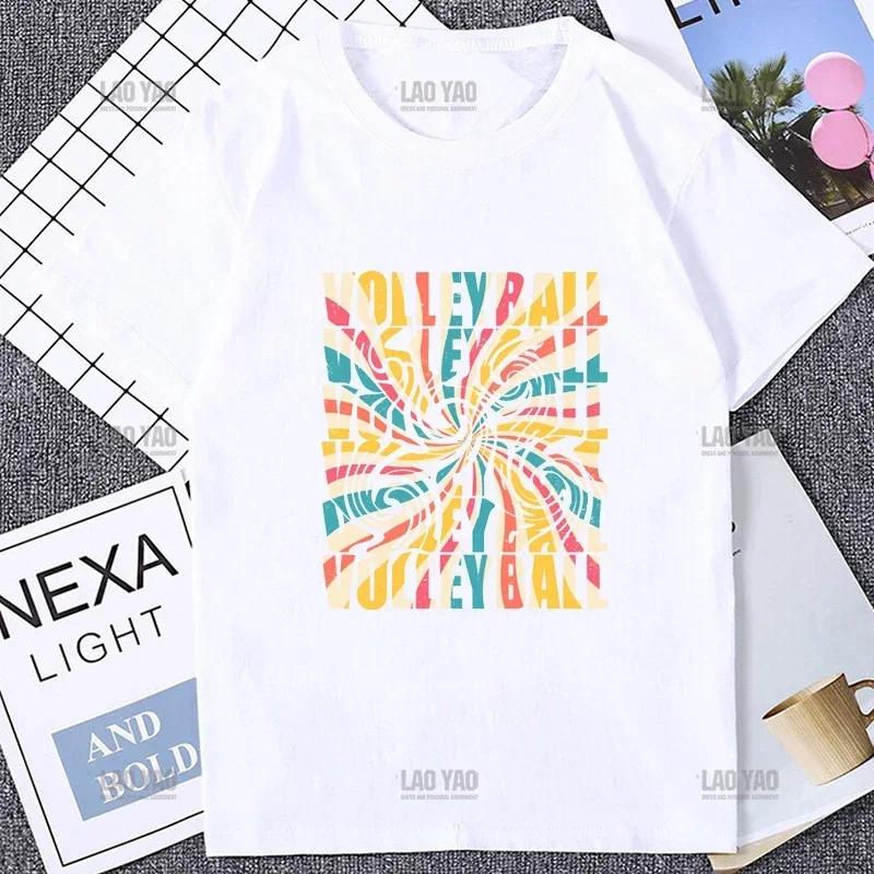 Farbenfrohes Volleyball Kurzarm Damen T-Shirt Harajuku Niedlich Bunter Ball Print Bequemes Herren T-Shirt Lässige Mode Lockeres T-Shirt