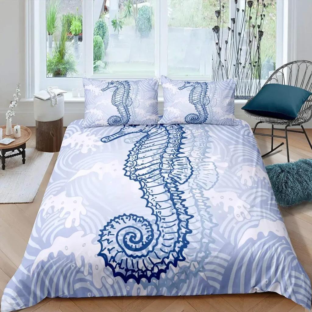 Ocean Animal Duvet Cover Set Coral Marine Life Home Textile Sea Urchin Soft Quilt Cover Cute Seahorse King Size Bedding