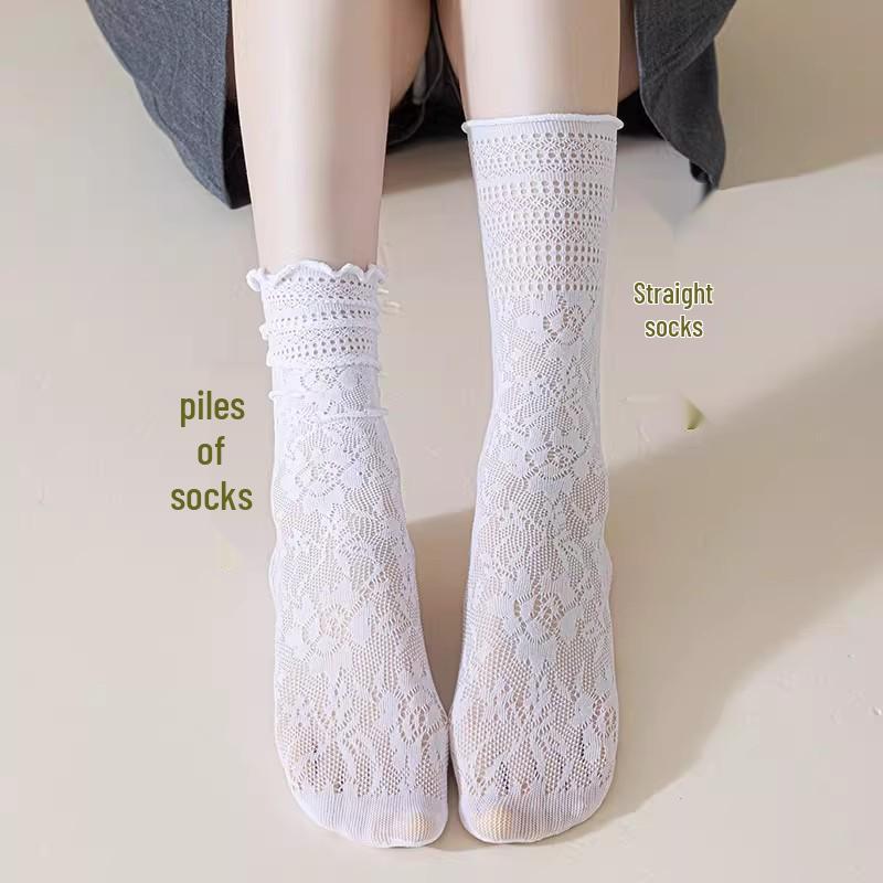 Summer White Lace Mesh Mid-Calf Ruffled Socks - Women's Breathable Lolita Style