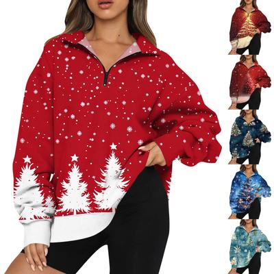 Women's Fashion Casual Long Sleeve Printed Zipper Turtleneck Drop Shoulder Sweatshirt Top
