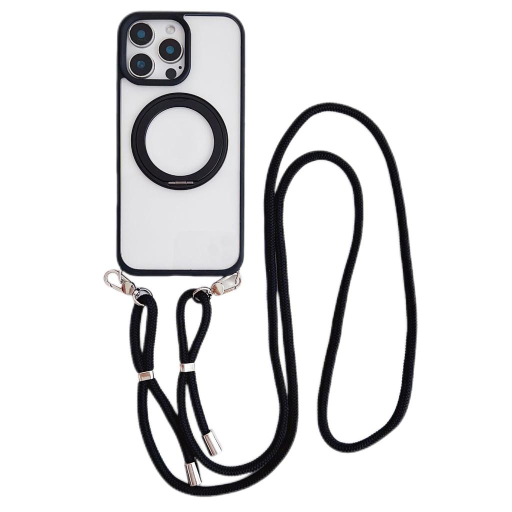 For iPhone 15 Pro Max Case Compatible with MagSafe Rotatable Kickstand PC+TPU Phone Cover with Lanyard