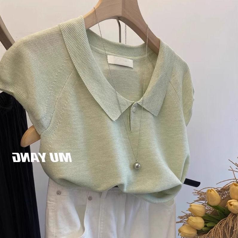 Women's 2025 Summer French Puff Sleeve Ice Silk Knitted Top with Turn-Down Collar