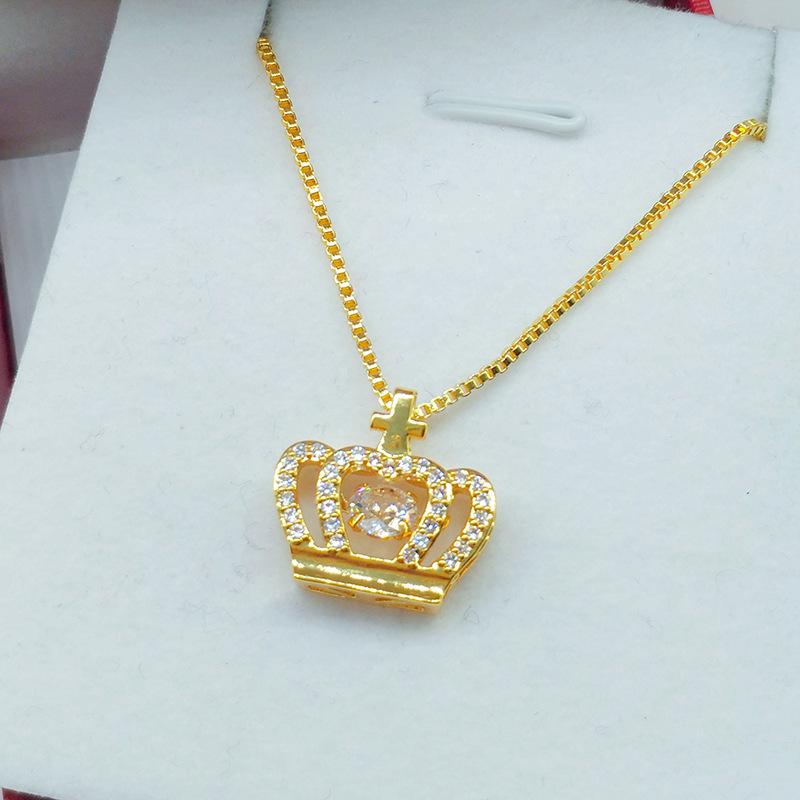 Vietnamese Sand Gold Heart Necklace with Gilded Brass Crown Pendant and Diamond Inlay In Multiple Styles