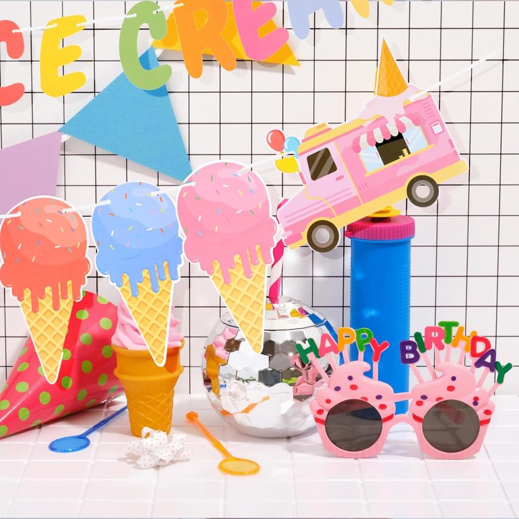 4 Pcs Ice Cream Banner Garland Ice Cream Birthday Party Decorations Supplies Icecream Bar Sign Streamer Decor for Summer Pool Beach Baby Shower