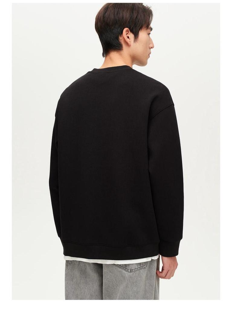 Men's Black Fleece-Lined Faux Two-Piece Round Neck Hoodie - 2025 Autumn/Winter Loose Pullover Top
