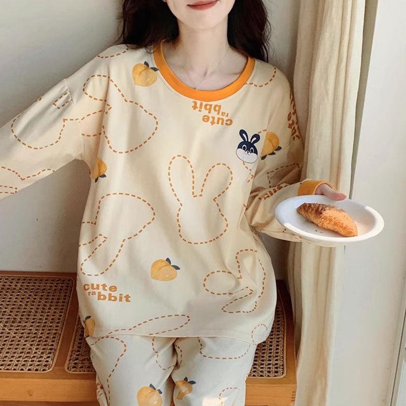 Women's Cotton Pajamas - Japanese Style, Long Sleeve, Rabbit Print, Autumn/Winter Pullover & Pants Set