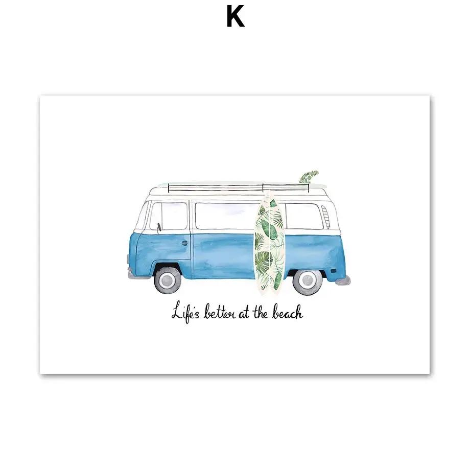 Ocean Beach Palme Surfbrett Möwe Leinwandmalerei - Reiseplakate und Drucke für Wohnzimmerdekor