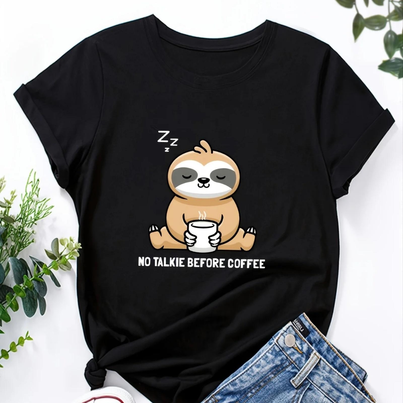 

Cartoon Sloth Print Solid T-Shirt Short Sleeve Crew Neck Casual Top For All Season Women s Clothing Street Summer Short Sleeves XXXXXL чорний