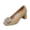 Leather square head soft leather light mouth square buckle rhinestone high heels women's work shoes professional fashion versatile thick low heel sin