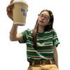 Women's Korean Style Green Striped Round Neck Short Sleeve T-Shirt - 2026 Summer Casual Loose Fit Retro Trend