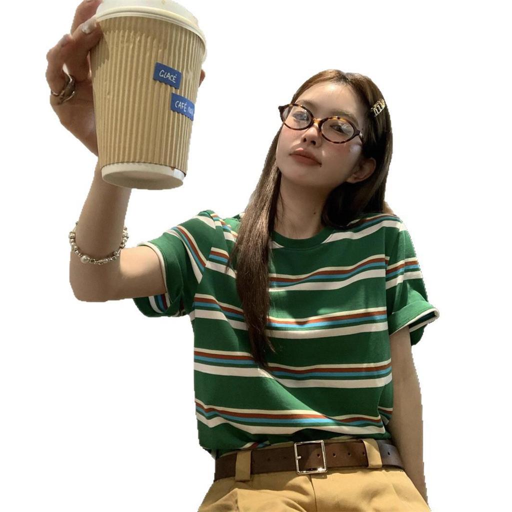 Women's Korean Style Green Striped Round Neck Short Sleeve T-Shirt - 2026 Summer Casual Loose Fit Retro Trend