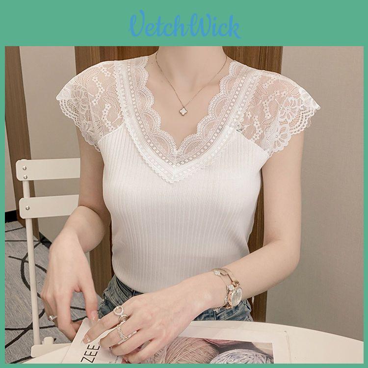 Basic Lace V Neck T Shirt For Women With Short Sleeves And Bodycon Fit For Daily Wear