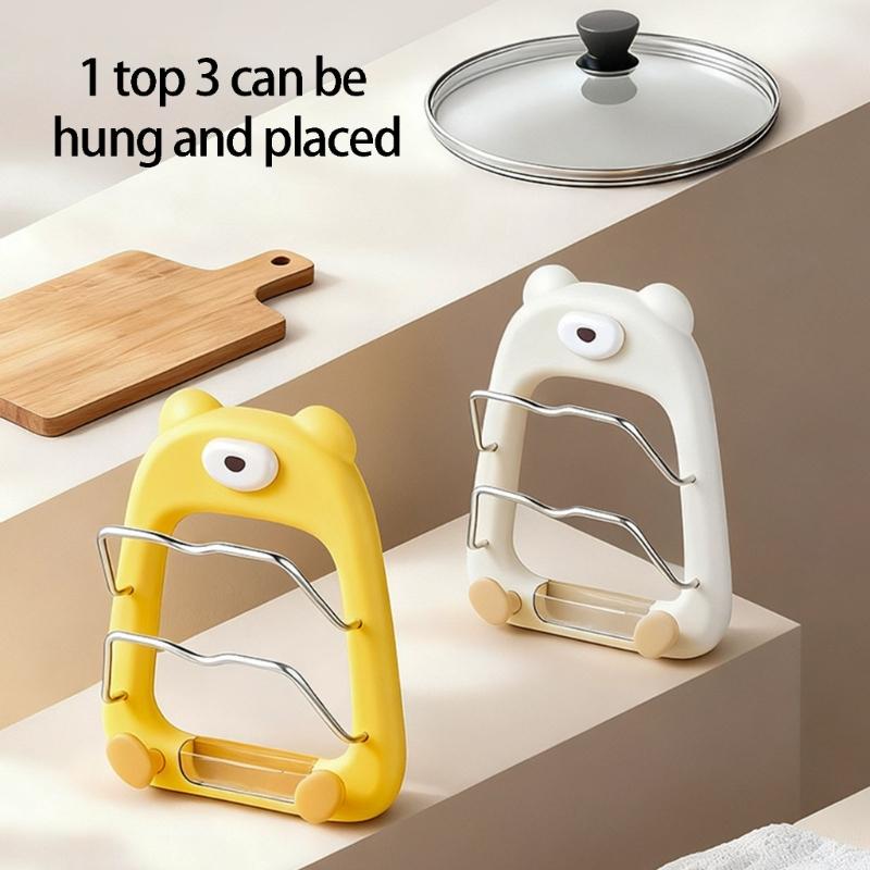Space Efficient Cookware Shelf For Kitchen Wall Mount Cutting Board Holder Cartoon Bear Pot Lid Storage Stand