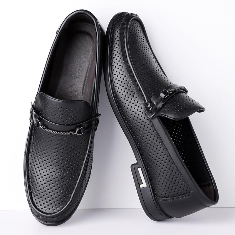 Fashionable Hollow Out Top Layer Cowhide Men's Slip-On Loafers Leisure Rubber Bottom Adult Sandals Comfortable Breathable Shoes