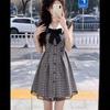 Black and White Plaid Flying Sleeves College Style Dress Women's Summer Lace Splicing Loose and Thin A-shaped Skirt Short Skirt