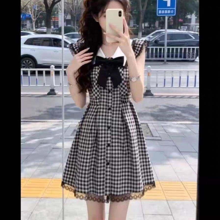 Black and White Plaid Flying Sleeves College Style Dress Women's Summer Lace Splicing Loose and Thin A-shaped Skirt Short Skirt
