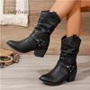 Fashion Classic Pleated Design Riding Boot Woman Triangle Buckle Strap Western Booties Ladies Heeled Pointed Toe Brand Design Long Botas
