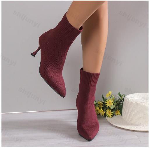 Fashion Women Boots Short High Heels Shoes for Women 2024 Autumn Winter Knitted Ankle Boots Woman Thin High Heels Sock Boots Botas Mujer