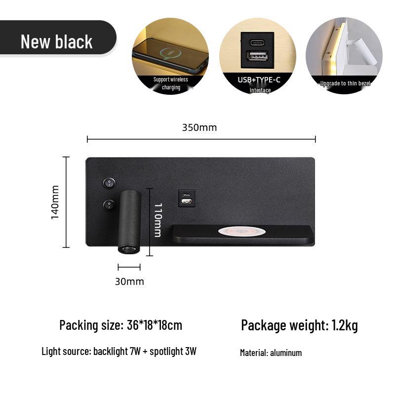 Minimalist LED Bedside Wall Light with Wireless Charger & USB Reading Light