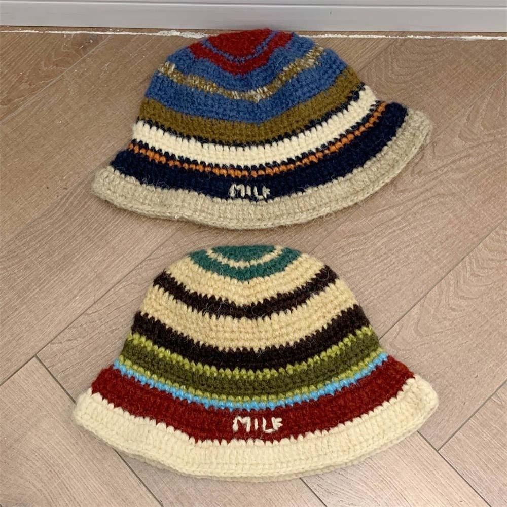 Warm Knitted Bucket Hat Anti-cold Woven Basin Cap Elegant Striped Fisherman Hat  Travel