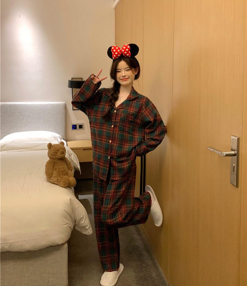 2024 Autumn Loose-Fit Couple Pajama Set - Long Sleeve Christmas Plaid Flannel Homewear