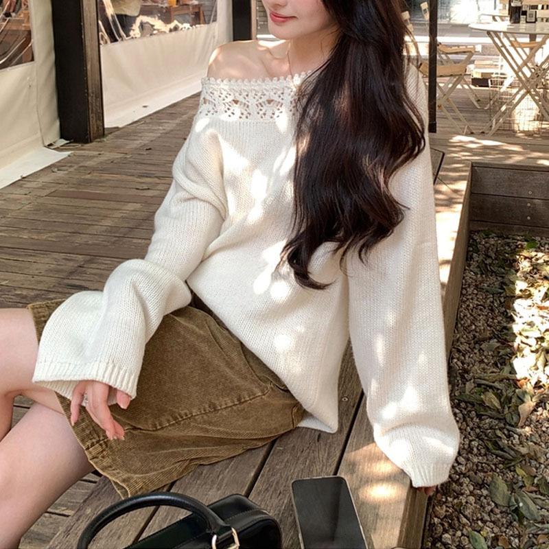 French Style Lace Trim Off Shoulder Knit Sweater Women Autumn Long Sleeve Loose Lazy Top