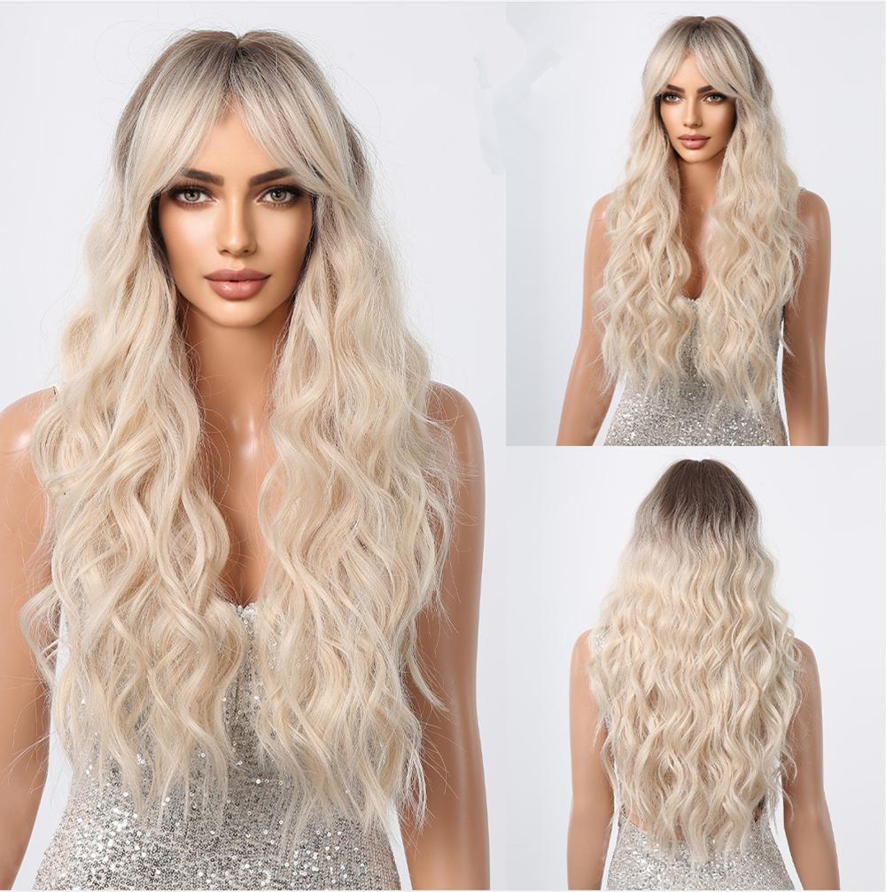 BLONDE UNICORN Long Wavy Curly Wigs Light Golden Brown Synthetic Wig with Bangs for Women Daily Cosplay Heat Resistant …