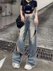 Women's American-Style Distressed Wide-Leg Jeans, High-Waisted, Slimming, Floor-Length, Trendy Autumn Fashion.