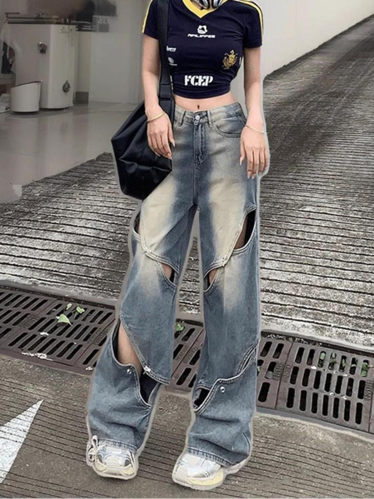 Women's American-Style Distressed Wide-Leg Jeans, High-Waisted, Slimming, Floor-Length, Trendy Autumn Fashion.
