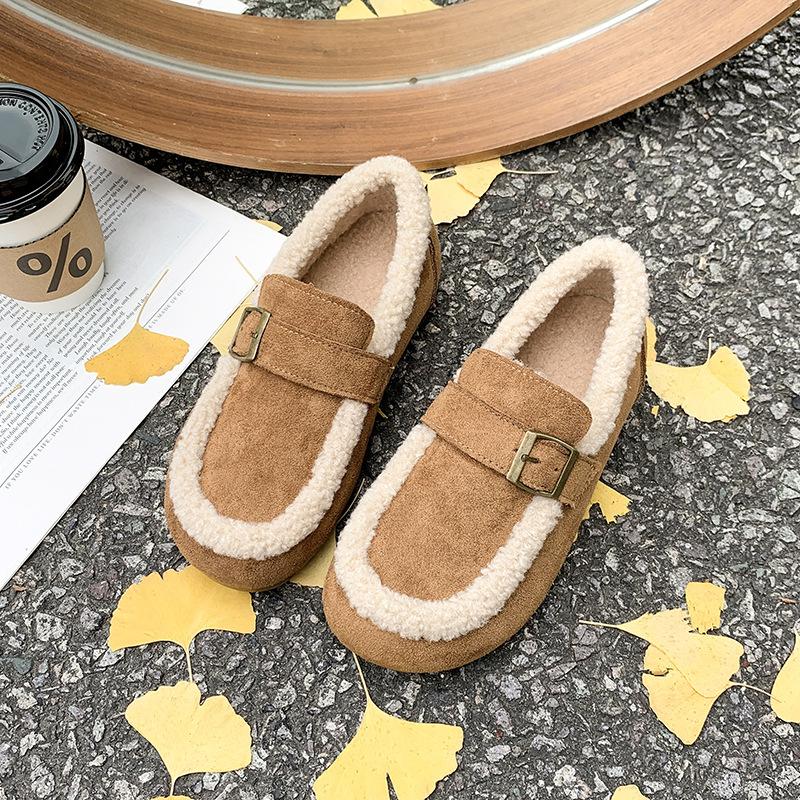 Casual Lambswool Loafers Women Flats Belt Strap Shoes Winter Furry Shoes Ladies Cotton Mocasines Warm Slip on Sheep Fur Boots