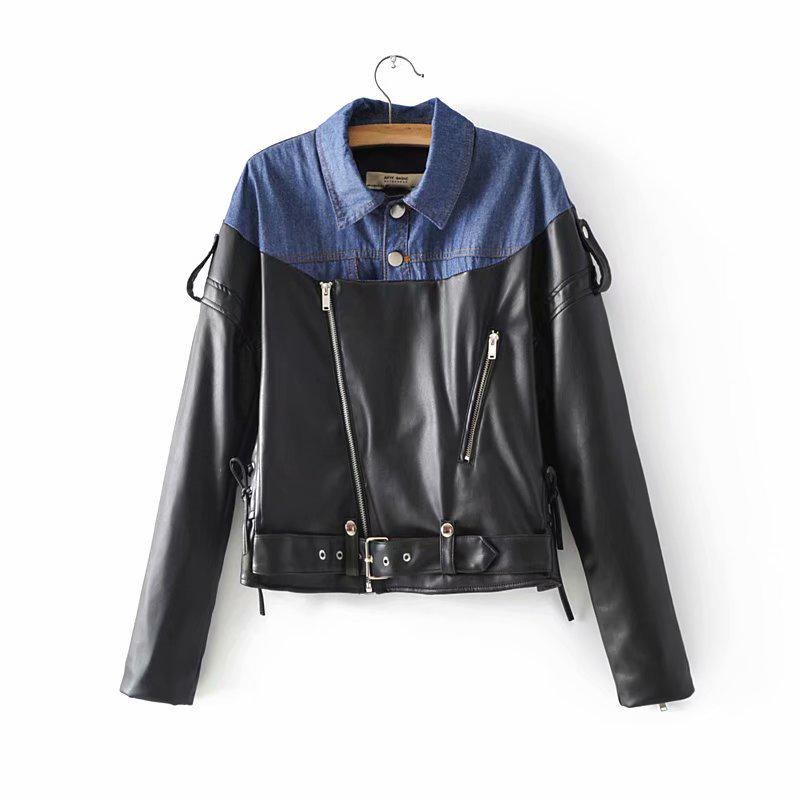 FRPE Women PU Faux Leather Oblique Zipper Motorcycle Biker Lapel Slim Fit Jacket