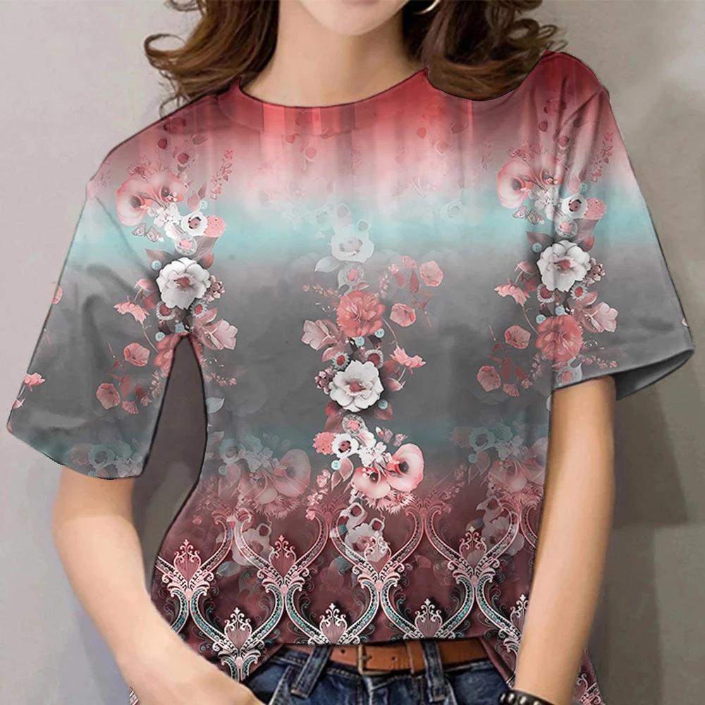 Sommar Rundhals 3D Blomtryck T-shirts Trendiga Casual Kortärmade Dam T-shirts
