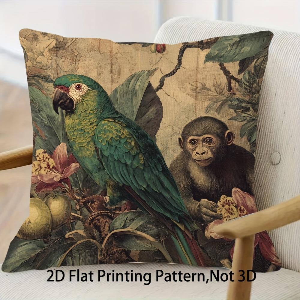 2D Flat- Vintage Tropical Jungle Parrot Monkey Throw Pillow Cover Botanical Floral Farmhouse Home Decor Cushion Case
