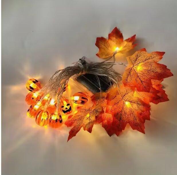 LED Maple Leaf & Pumpkin String Lights with Remote Control - Perfect for Halloween & Thanksgiving Decor
