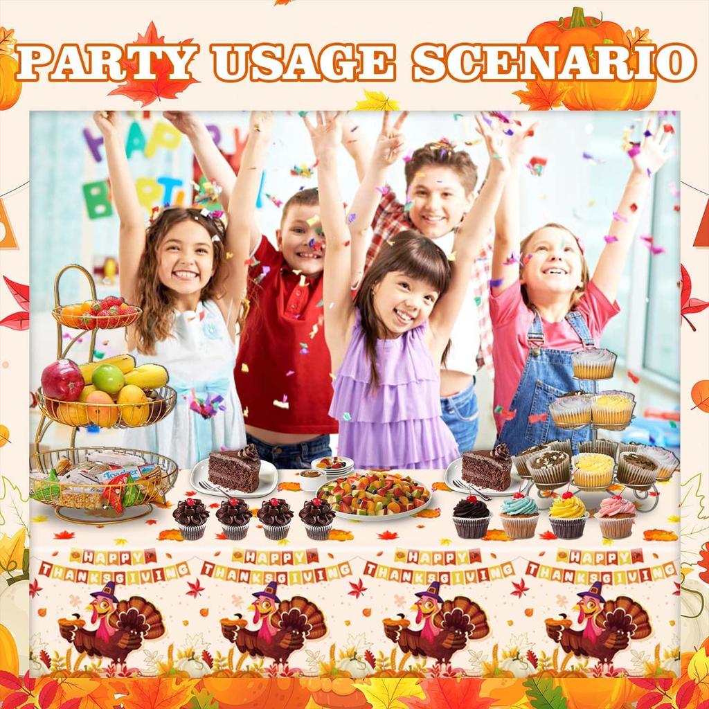 1 Pack Thanksgiving Fall Tablecloth Disposable - 108" × 54", Fall Table Cloth Autumn Harvest Turkey Pumpkin Leaves Tablecover Plastic Rectangle