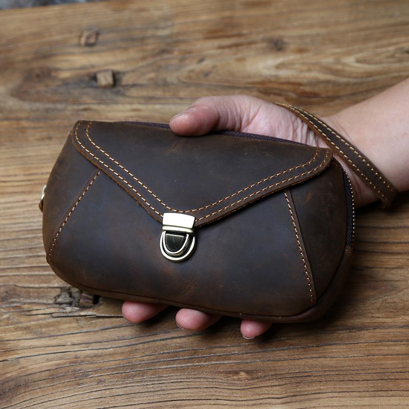 Retro Leather Men's Mobile Phone Bag Crazy-horse Leather Waist Bag Top Layer Cowhide Clutch Cross-body Shoulder Bag NZPJ